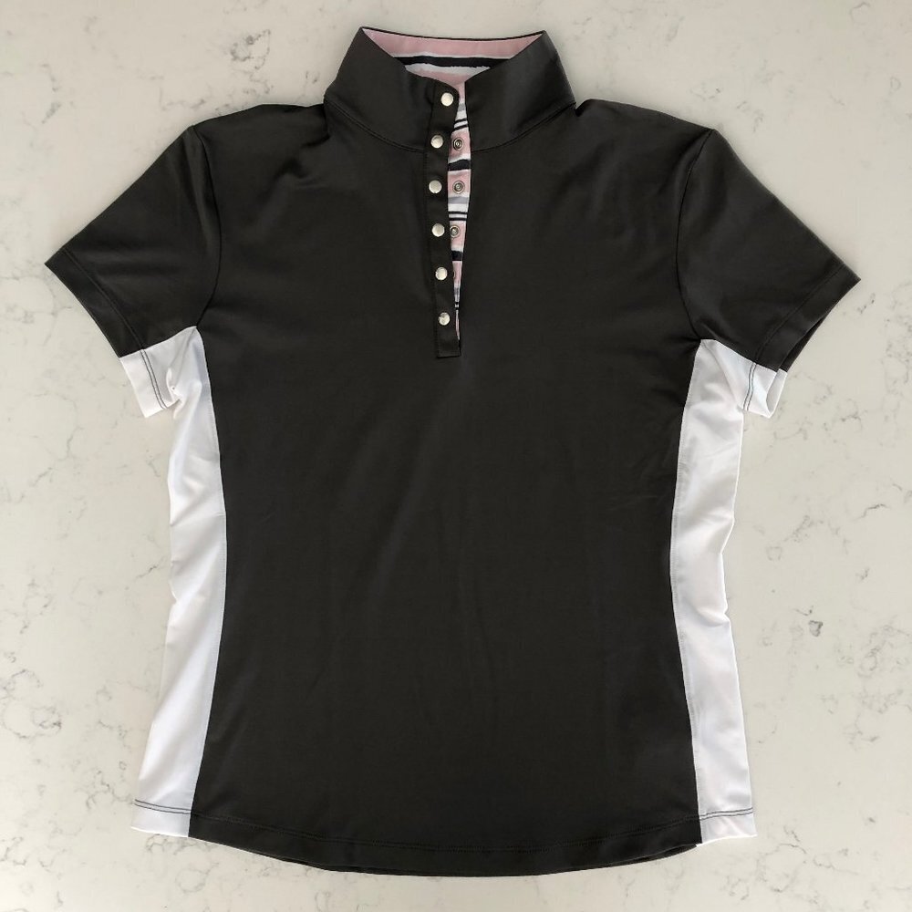 Maggie Lane Athletic Short Slv 1/4 Snap Hi Neck Golf Shirt Grey Wht Pink Sz S